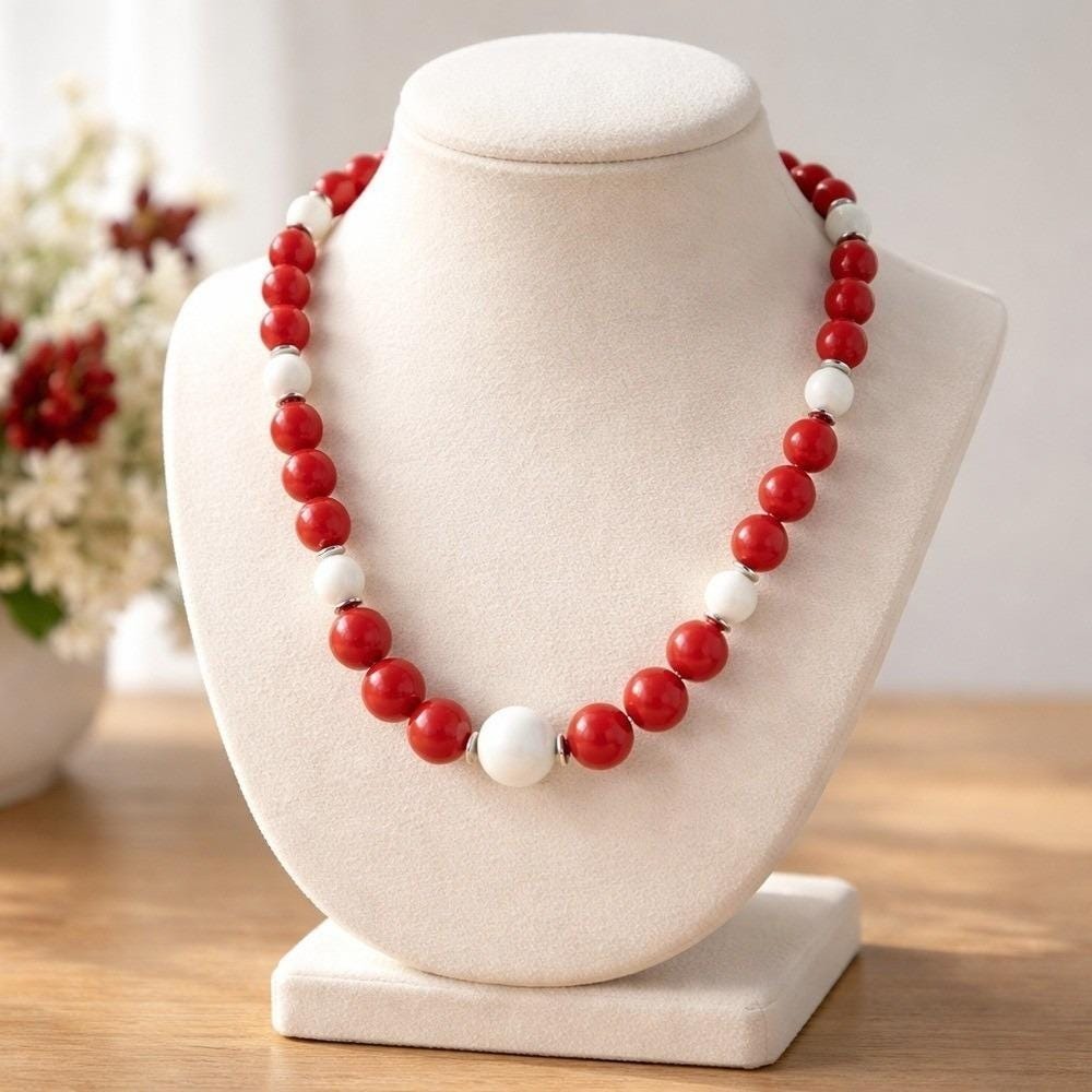 Vintage Red and White Beaded Necklace